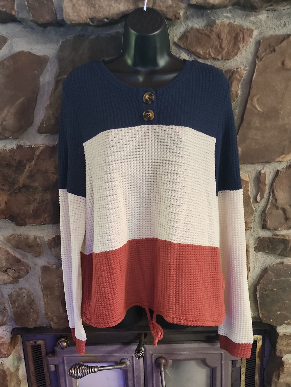 Waffle Knit Colorblock Button Front Pullover - Navy/Ivory/Rust